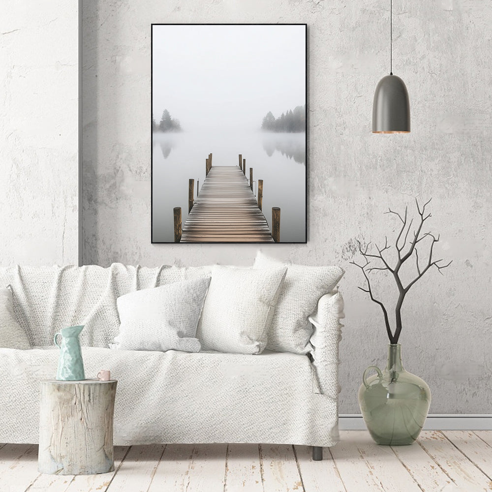 Misty Lakeside Dock Canvas Wall Art