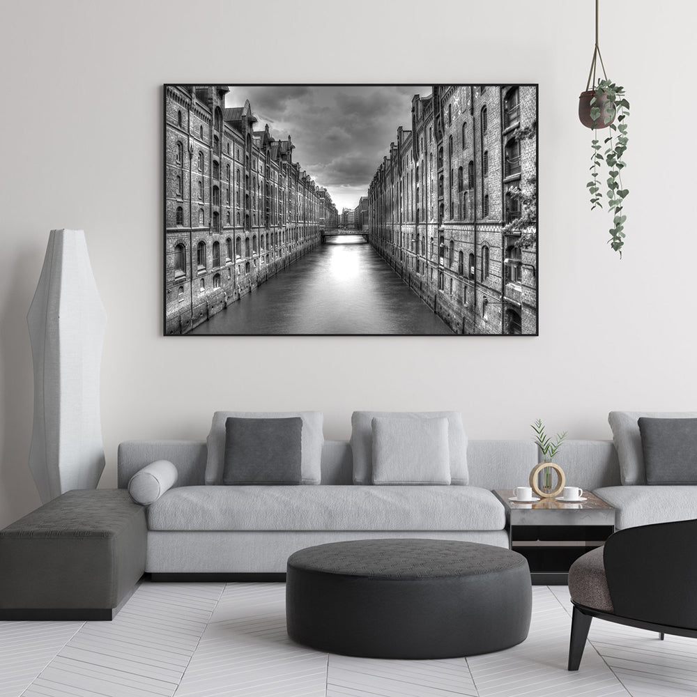 Black And White Architectural Canal Canvas Wall Art