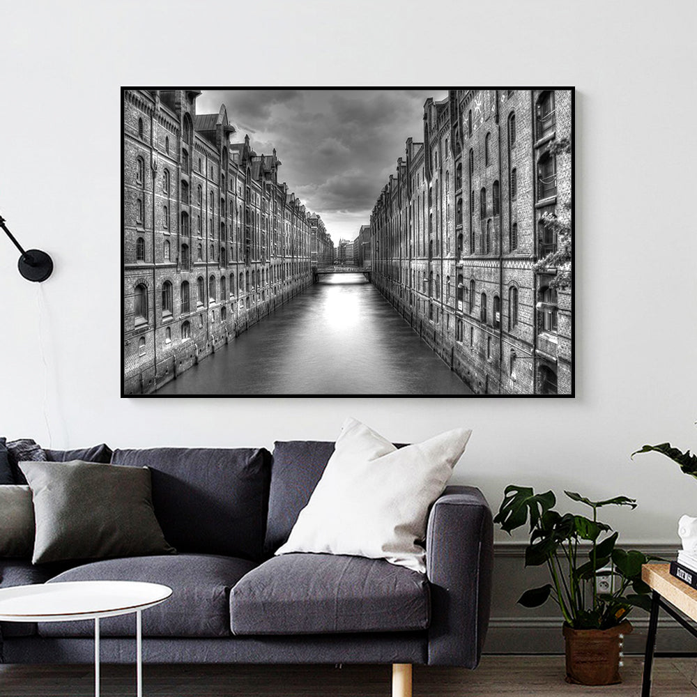 Black And White Architectural Canal Canvas Wall Art