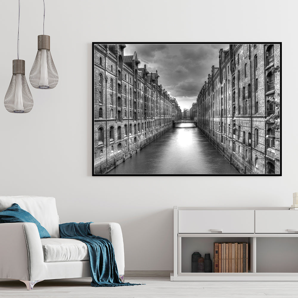 Black And White Architectural Canal Canvas Wall Art