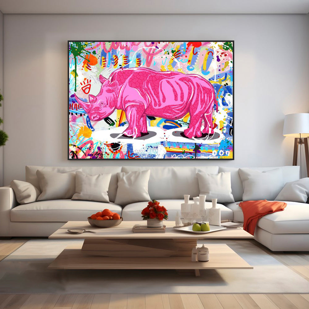 Vibrant Pink Rhino Graffiti Canvas Wall Art – Urban Street Art Aesthetic