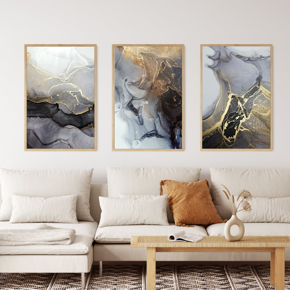 Luxury Gold & Black 3-Piece Canvas Wall Art – Modern Elegance Triptych