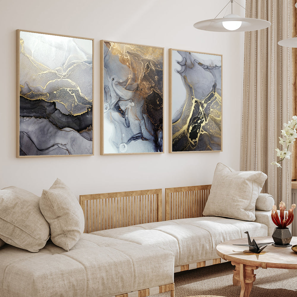 Luxury Gold & Black 3-Piece Canvas Wall Art – Modern Elegance Triptych