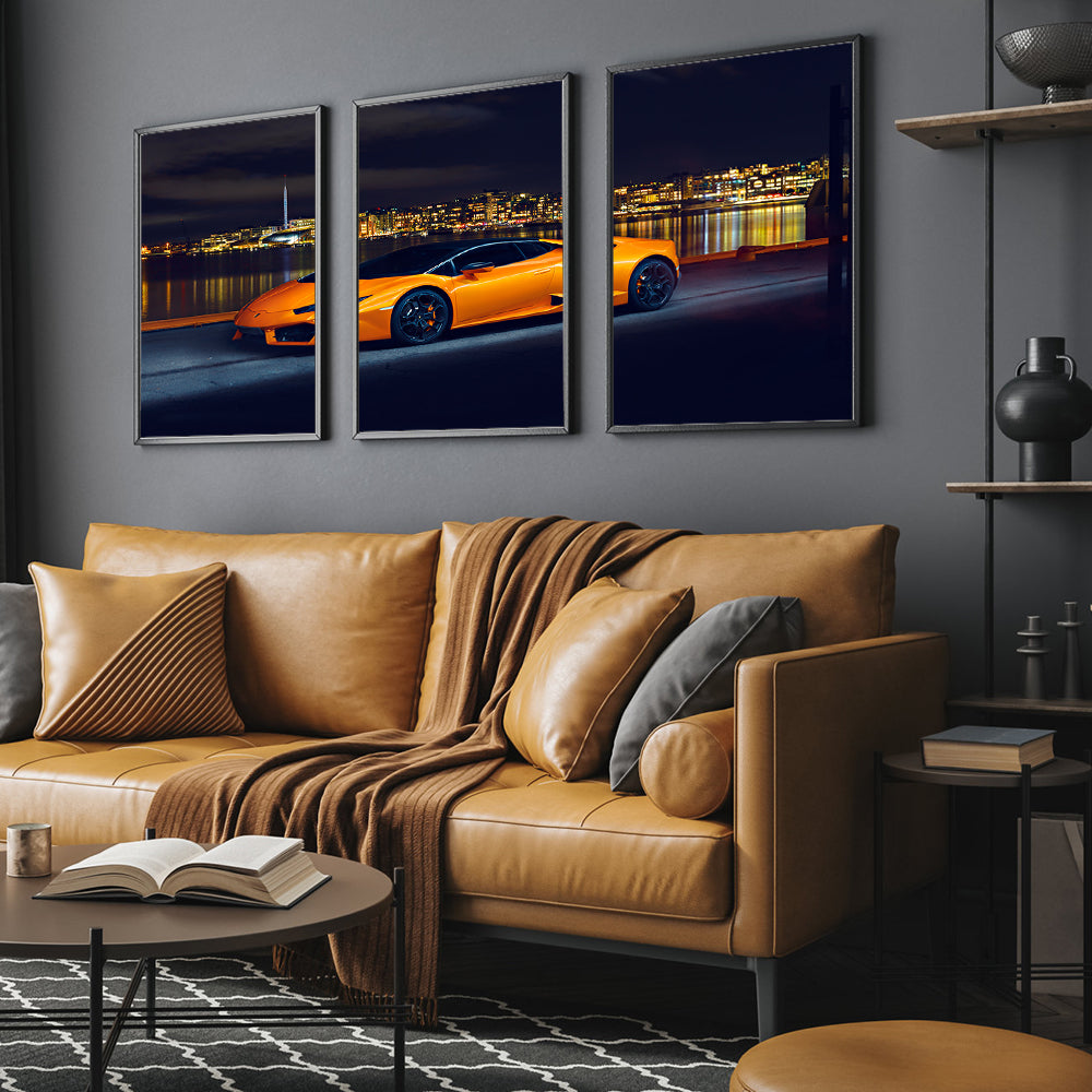 Luxury Sports Car Nightscape 3-Piece Canvas Wall Art