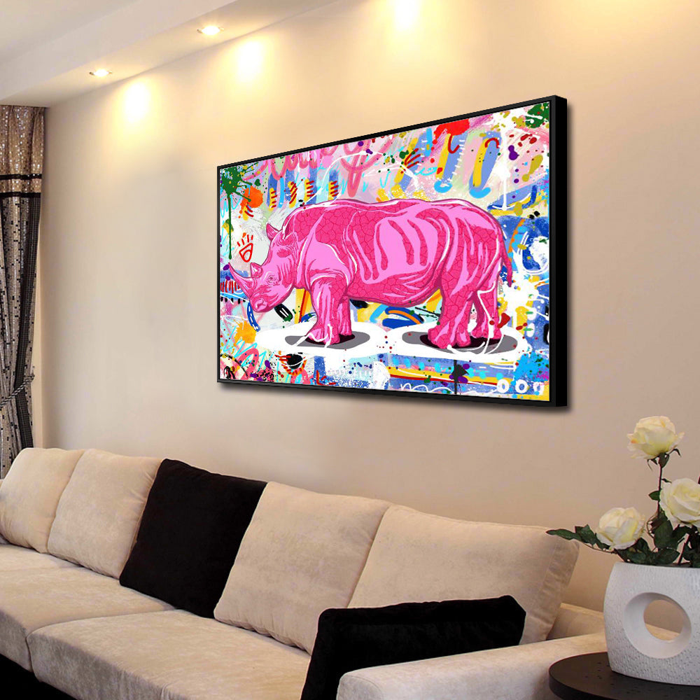 Vibrant Pink Rhino Graffiti Canvas Wall Art – Urban Street Art Aesthetic
