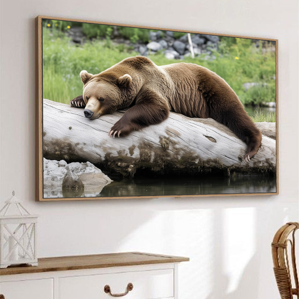 Tranquil Grizzly Bear On Log Canvas Wall Art