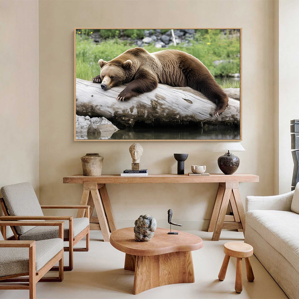 Tranquil Grizzly Bear On Log Canvas Wall Art
