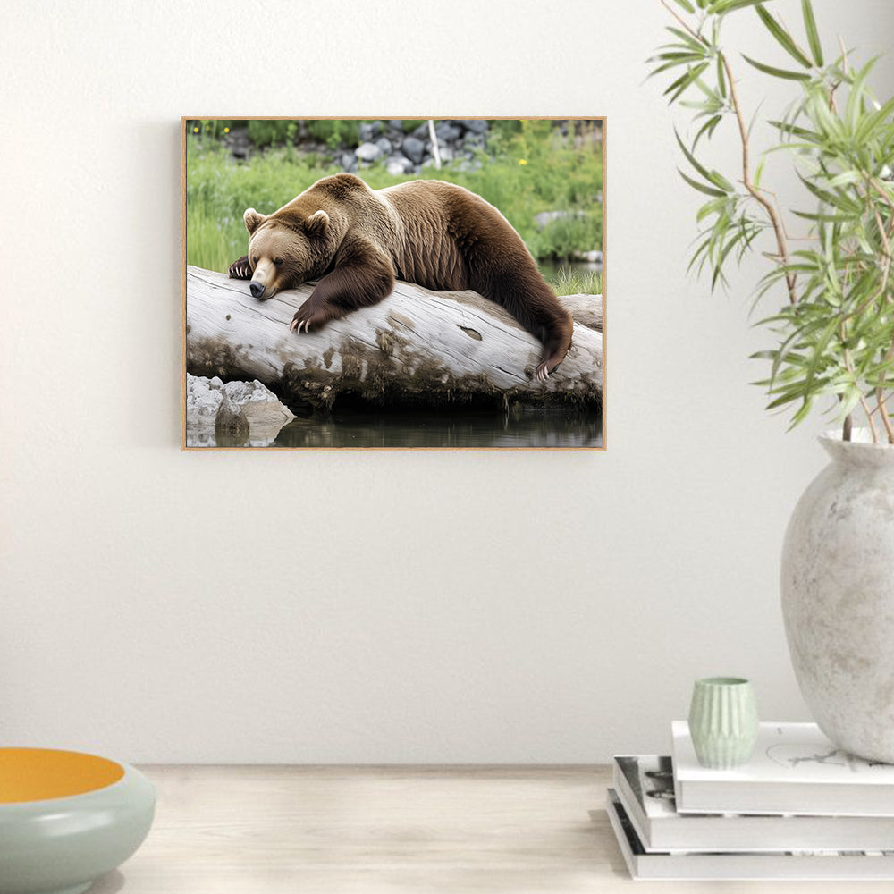 Tranquil Grizzly Bear On Log Canvas Wall Art