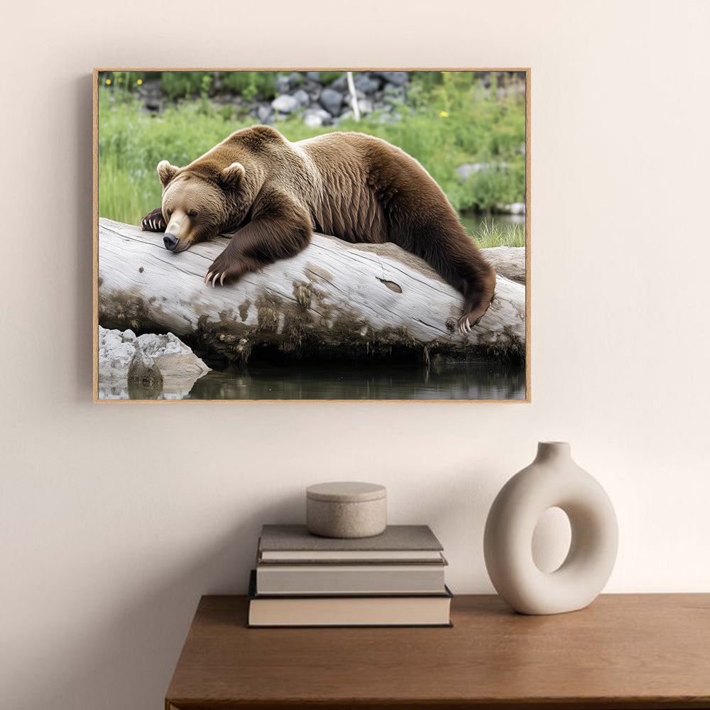Tranquil Grizzly Bear On Log Canvas Wall Art