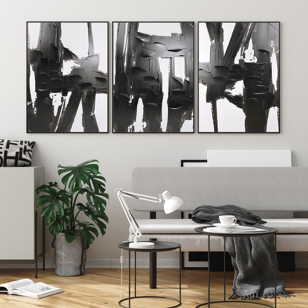 Modern Black & White 3-Piece Canvas Wall Art – Minimalist Monochrome Triptych