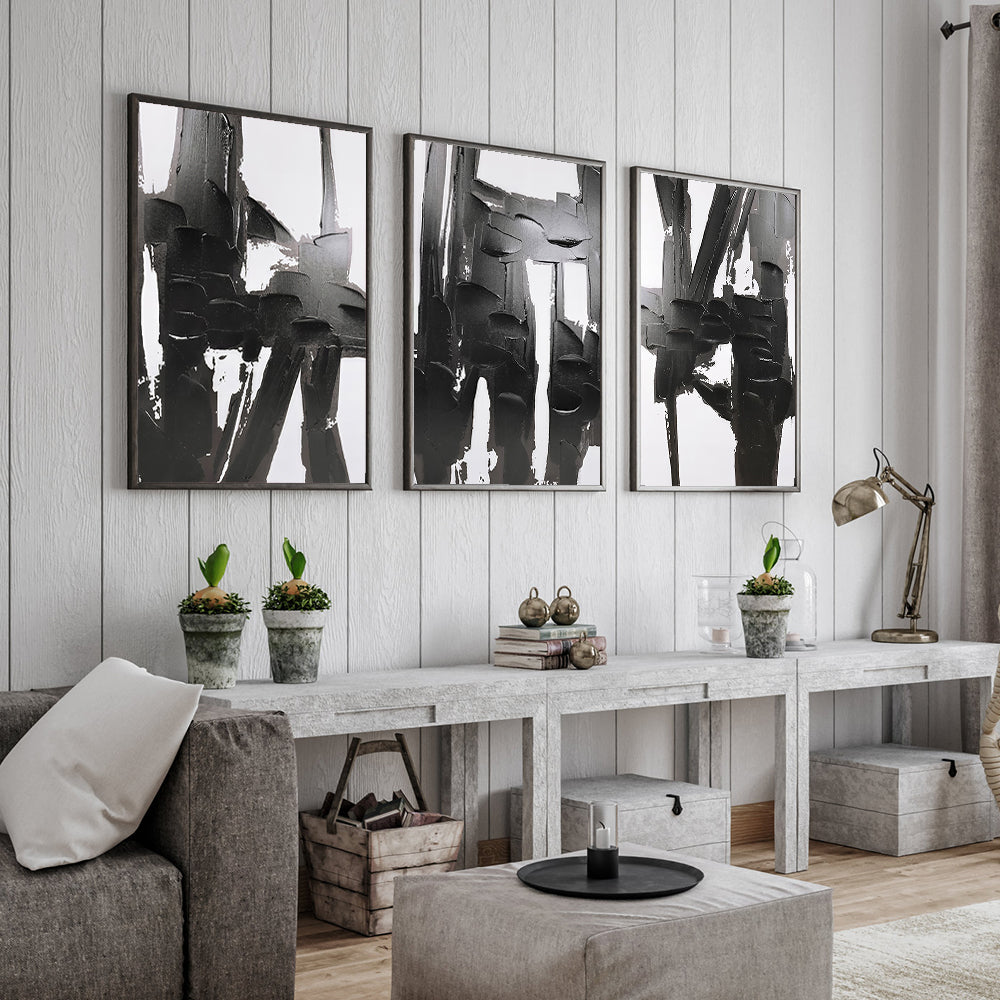 Modern Black & White 3-Piece Canvas Wall Art – Minimalist Monochrome Triptych