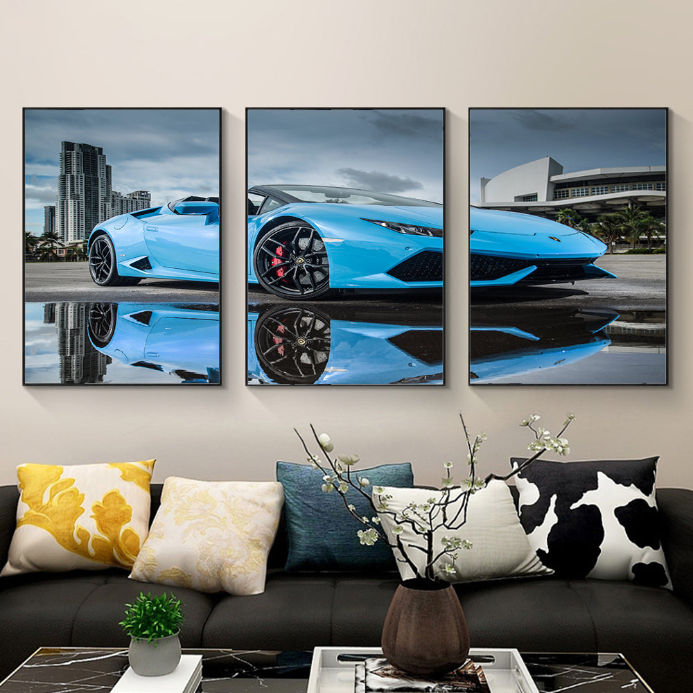 Luxury Blue Supercar 3-Piece Canvas Wall Art