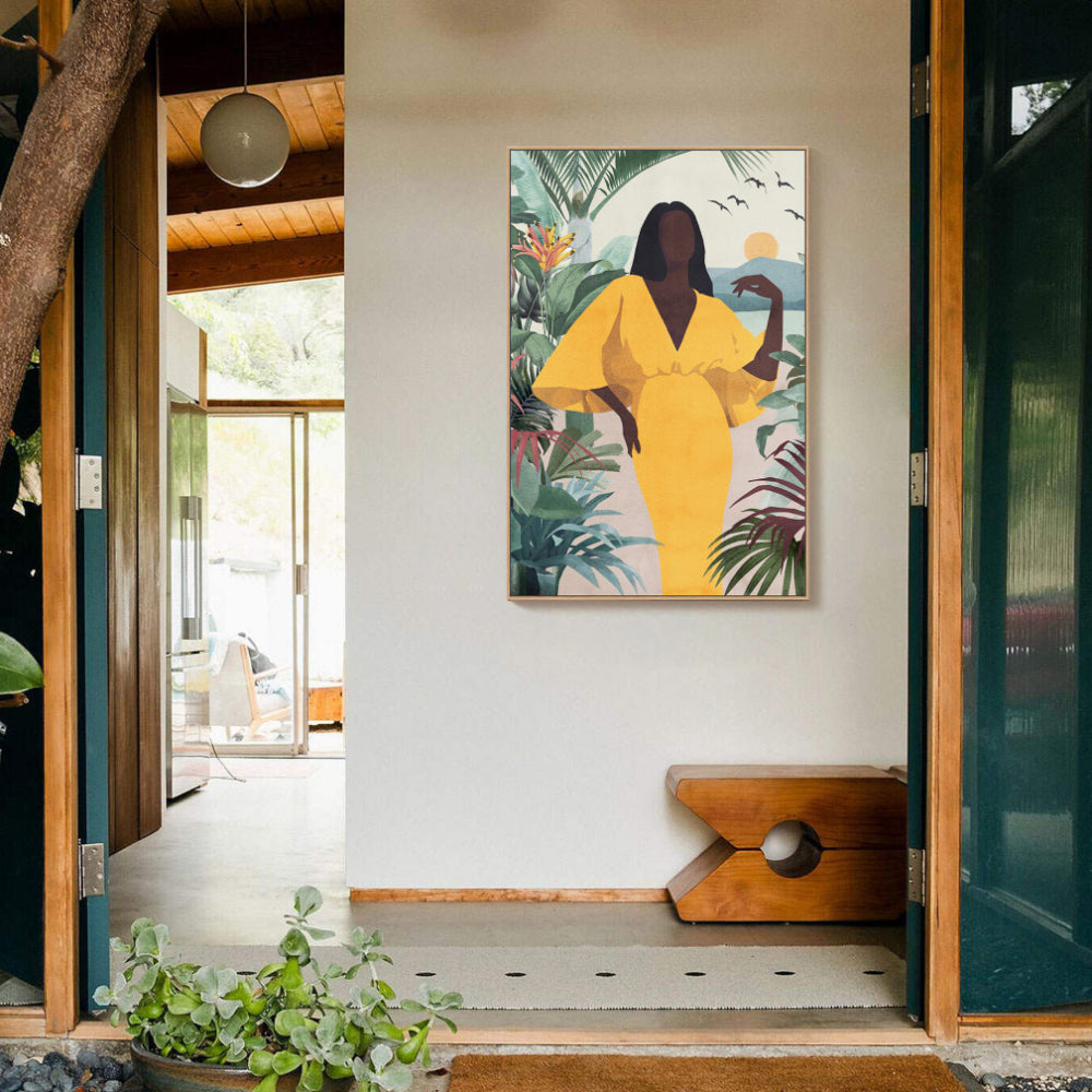 Golden Serenity Elegant Tropical Woman Canvas Wall Art