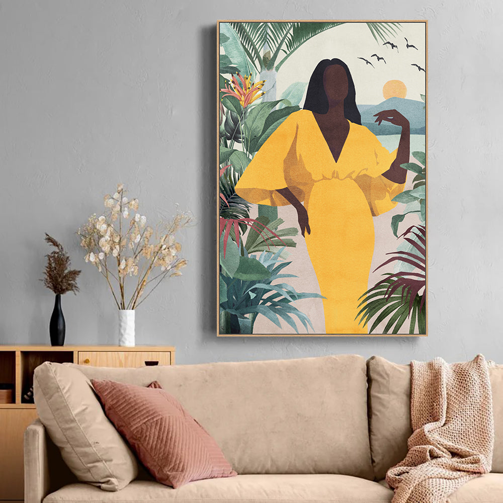 Golden Serenity Elegant Tropical Woman Canvas Wall Art