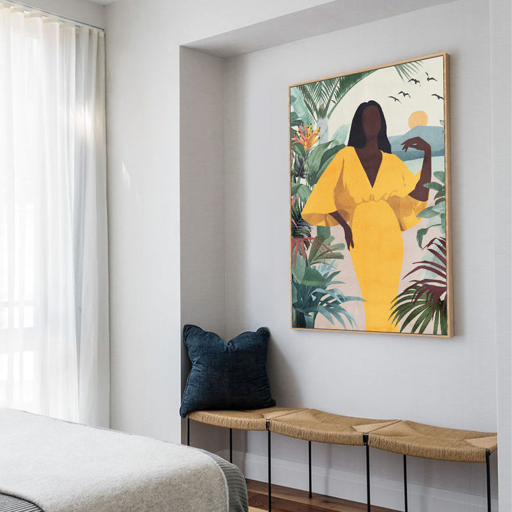 Golden Serenity Elegant Tropical Woman Canvas Wall Art