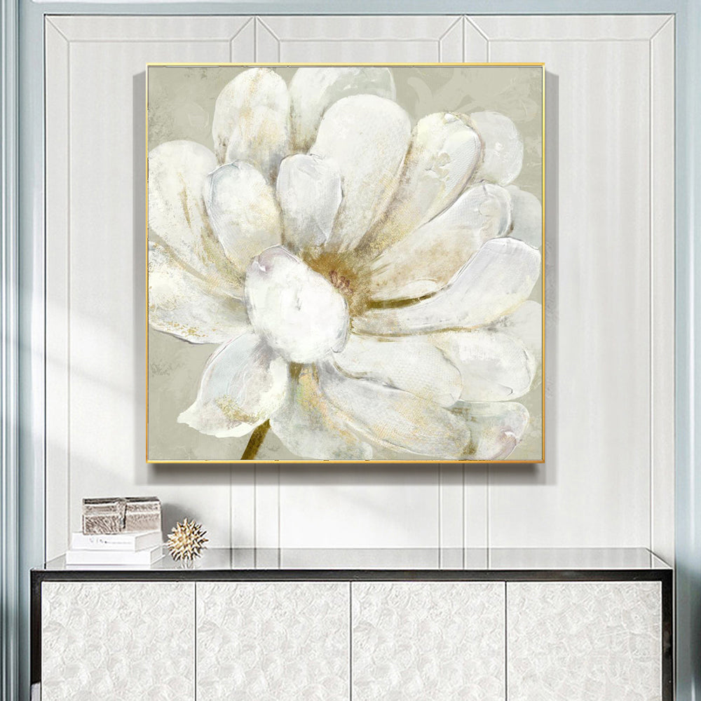 Soft White Bloom – Elegant Floral Painting With Neutral Tones Canvas Wall Art