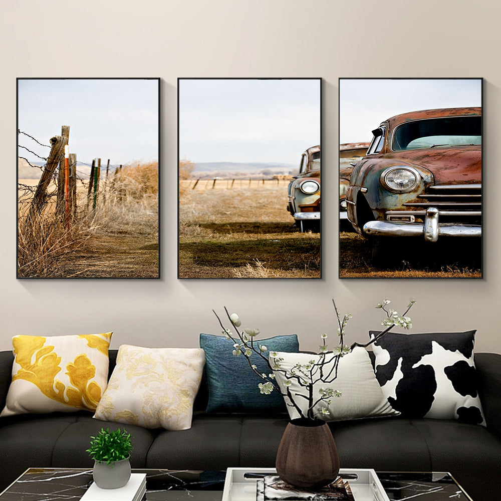 Rustic Vintage Car 3-Piece Canvas Wall Art – Timeless Beauty of the Countryside