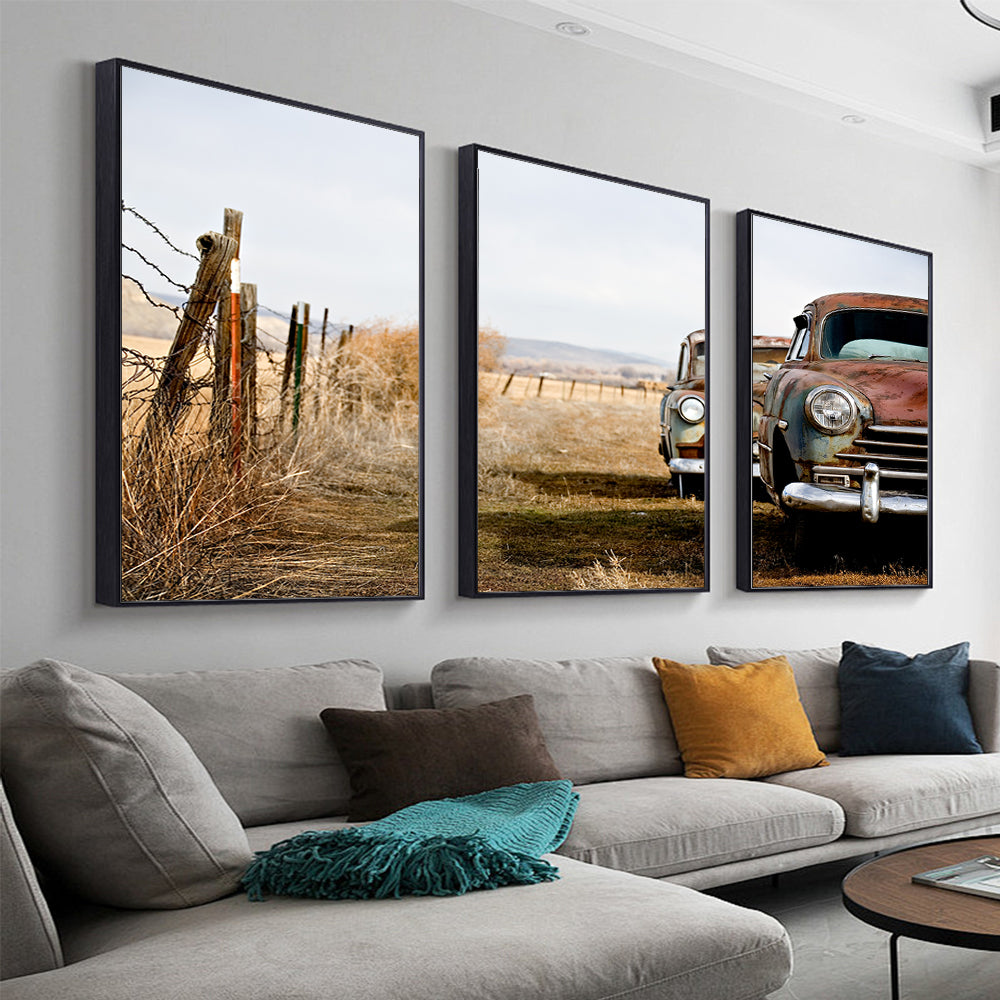 Rustic Vintage Car 3-Piece Canvas Wall Art – Timeless Beauty of the Countryside