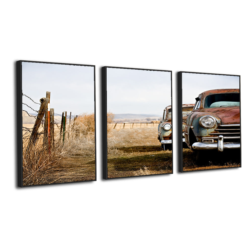 Rustic Vintage Car 3-Piece Canvas Wall Art – Timeless Beauty of the Countryside