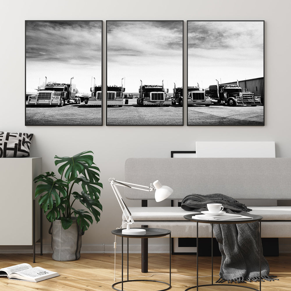 Classic Black & White Semi-Truck 3-Piece Canvas Wall Art – Bold & Timeless