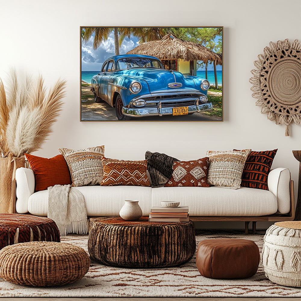 Classic Car By The Beach Canvas Wall Art