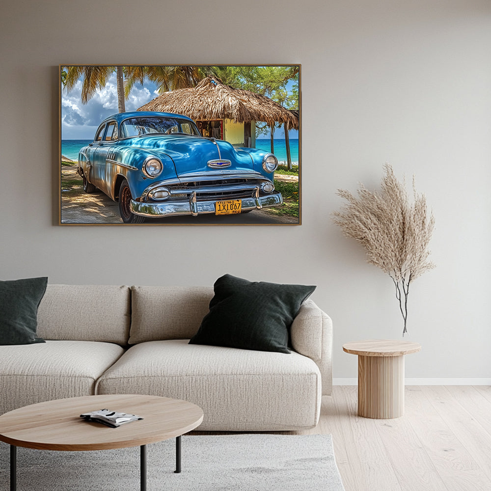 Classic Car By The Beach Canvas Wall Art