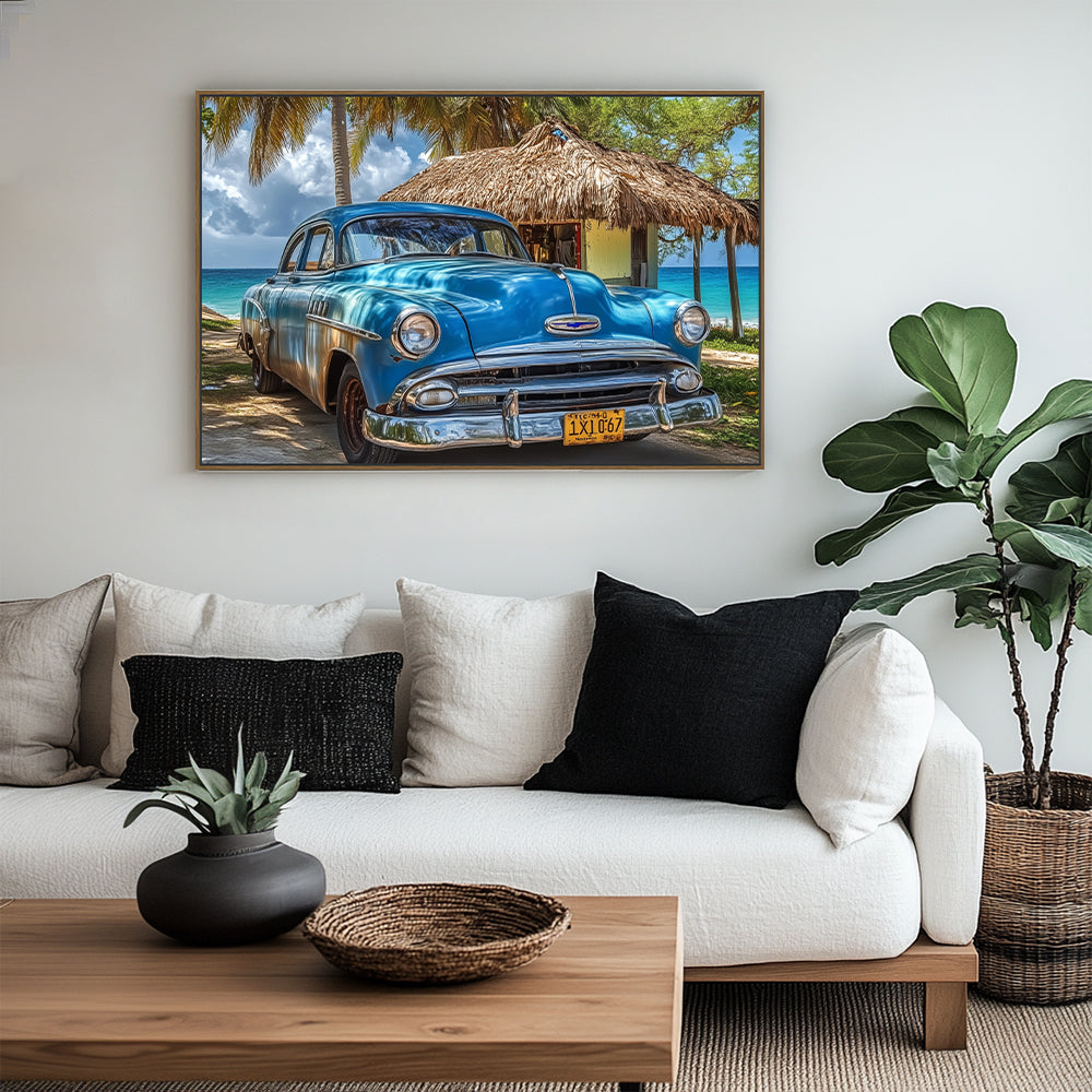 Classic Car By The Beach Canvas Wall Art