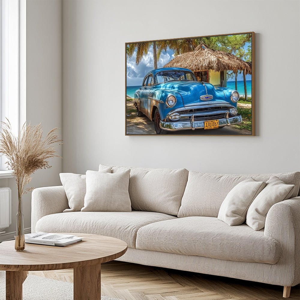Classic Car By The Beach Canvas Wall Art