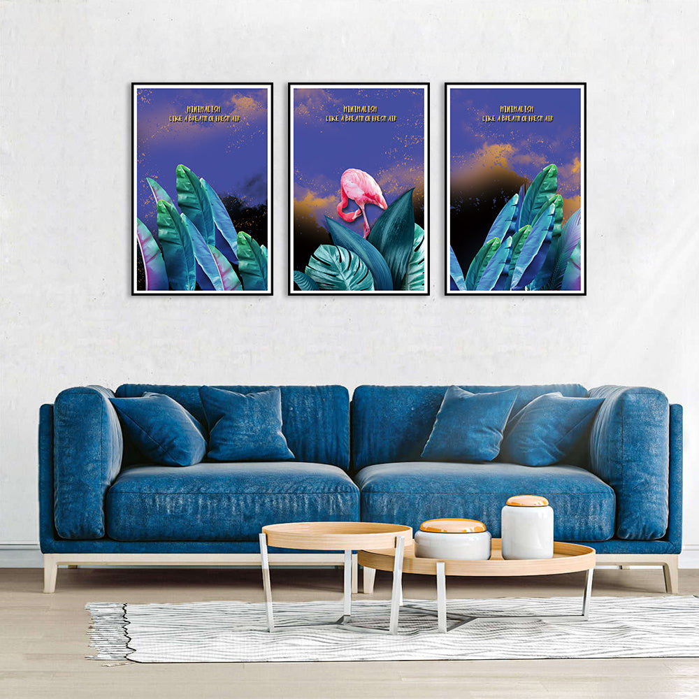 Tropical Flamingo and Green Leaf 3-Piece Canvas Wall Art