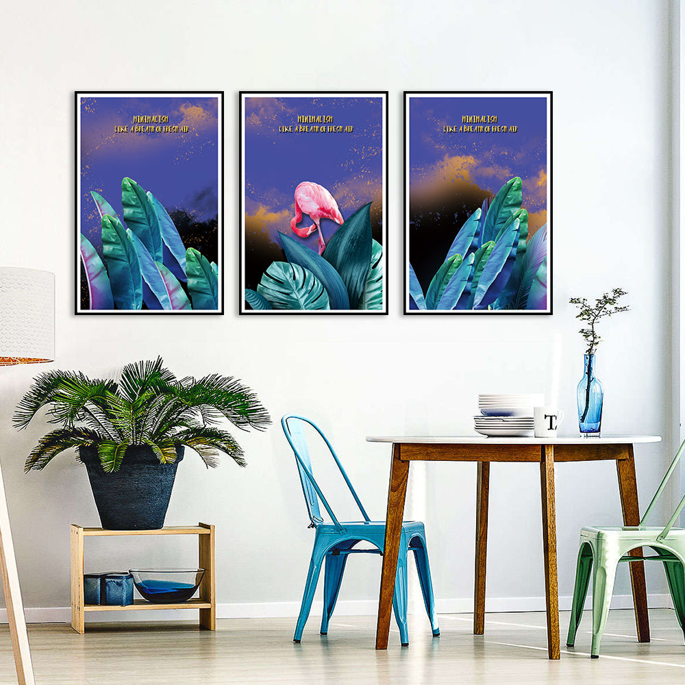 Tropical Flamingo and Green Leaf 3-Piece Canvas Wall Art