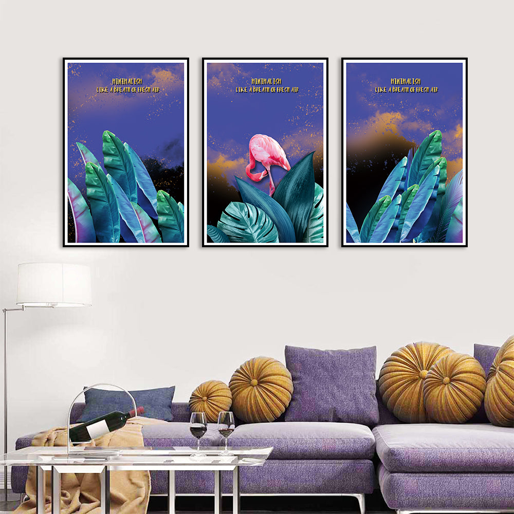 Tropical Flamingo and Green Leaf 3-Piece Canvas Wall Art