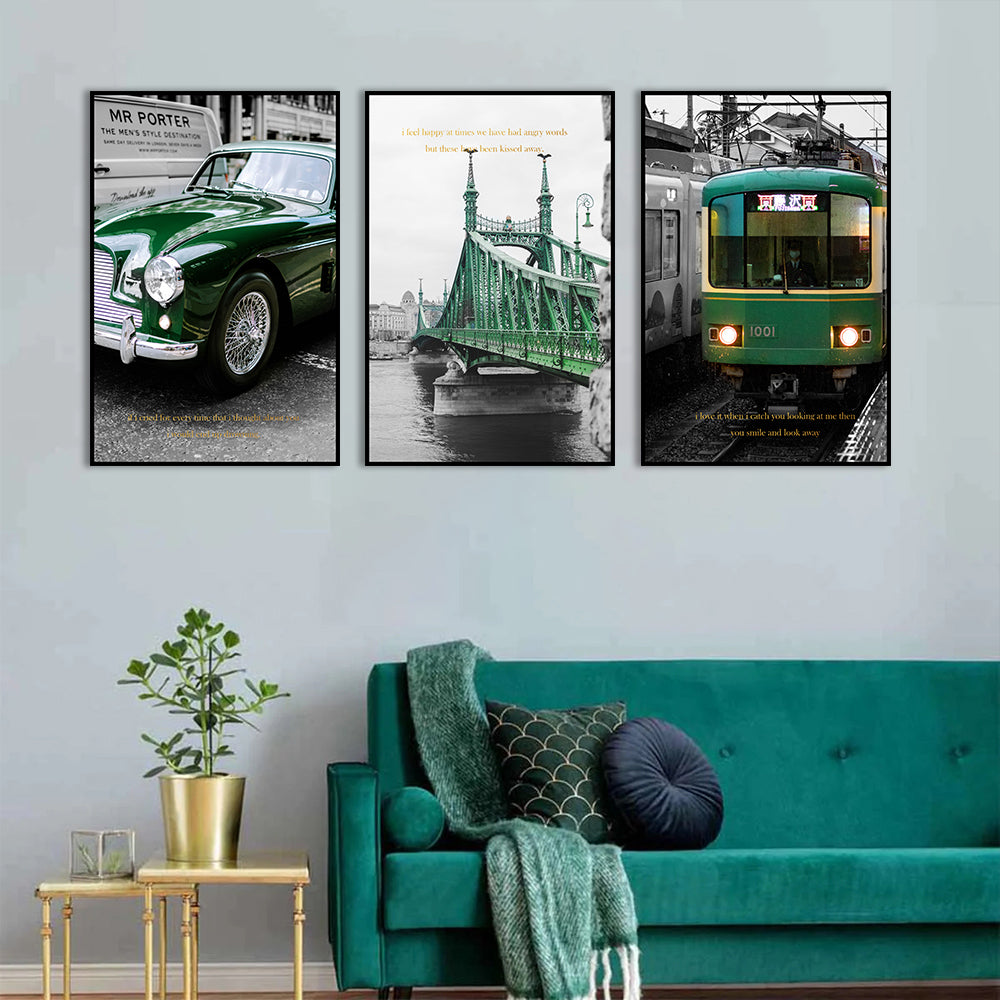 3-Piece Green Classic Car, Bridge, And Train Canvas Wall Art