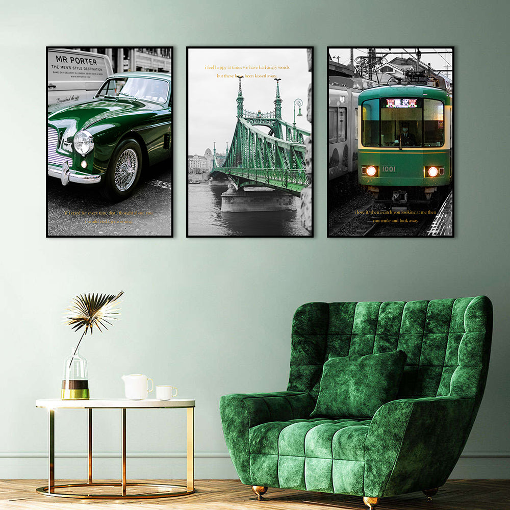3-Piece Green Classic Car, Bridge, And Train Canvas Wall Art
