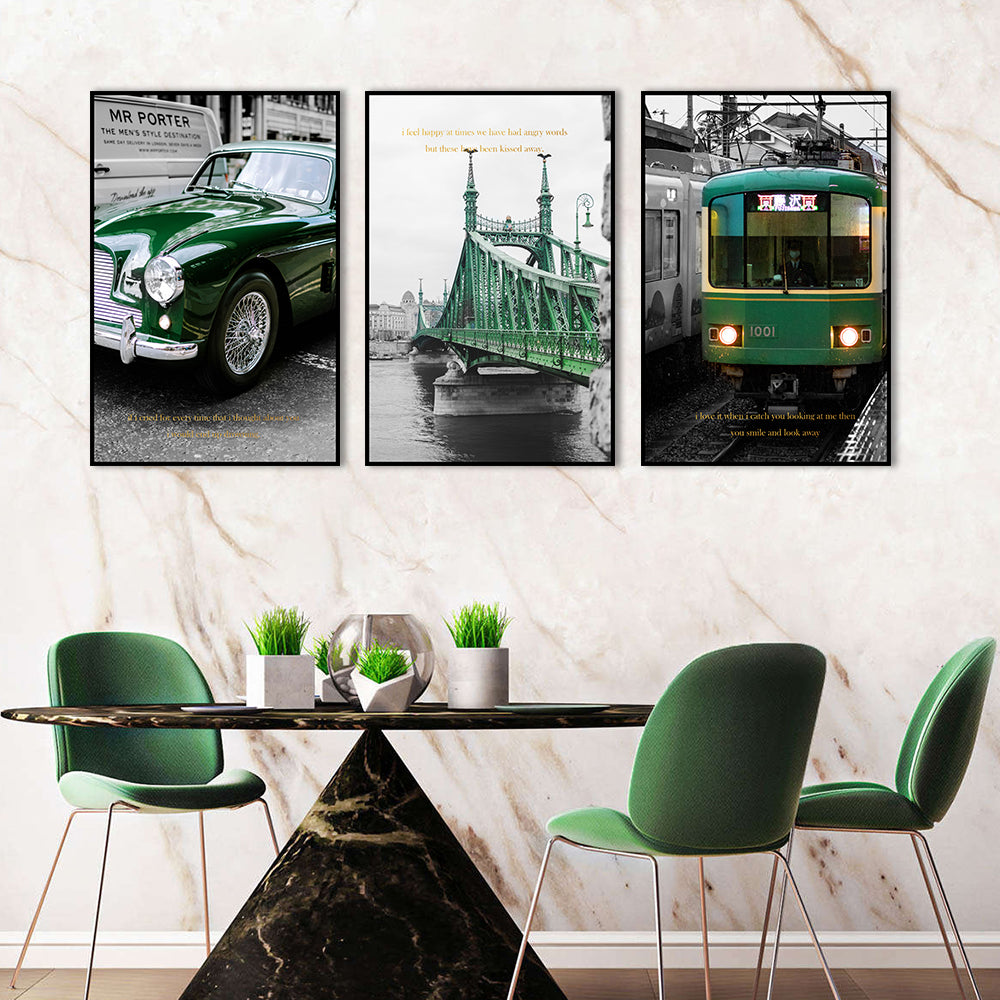 3-Piece Green Classic Car, Bridge, And Train Canvas Wall Art