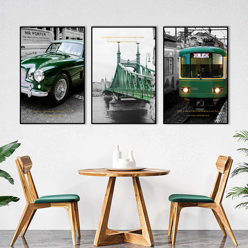 3-Piece Green Classic Car, Bridge, And Train Canvas Wall Art