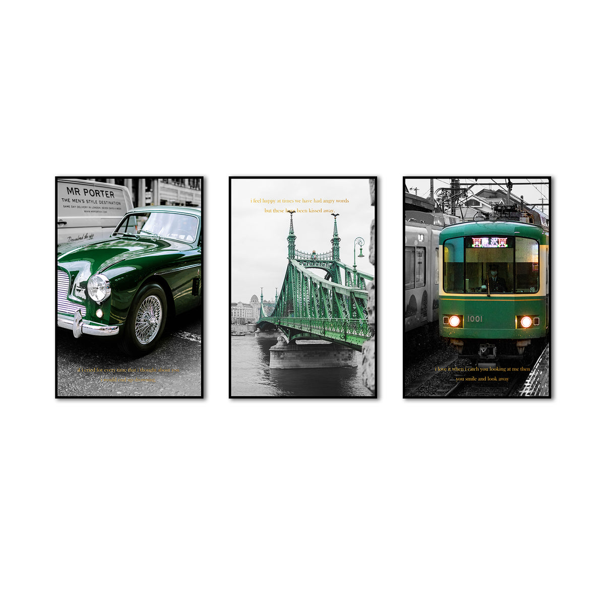 3-Piece Green Classic Car, Bridge, and Train Canvas Wall Art