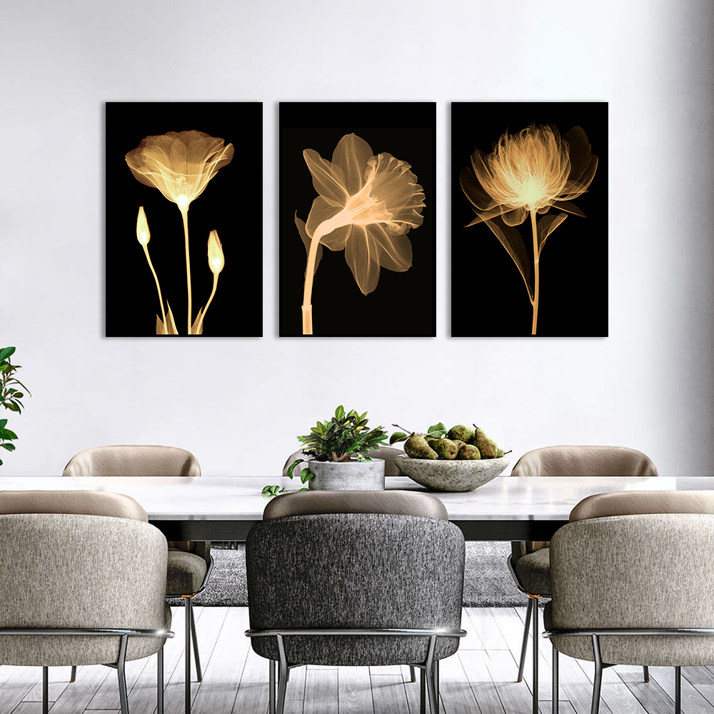 Golden Glow Floral Elegance 3-Piece Canvas Wall Art