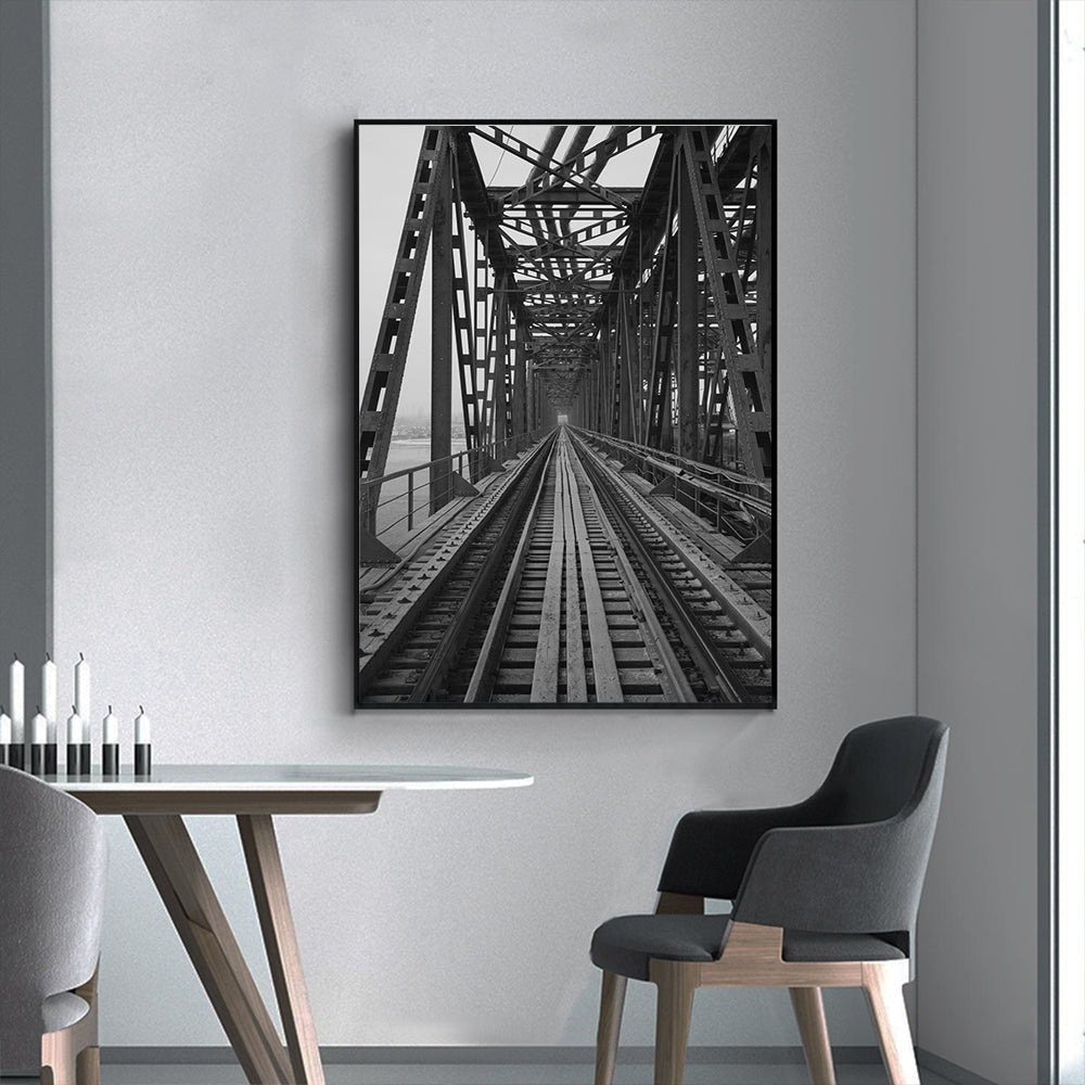 Industrial Elegance: Black And White Railway Bridge Canvas Wall Art