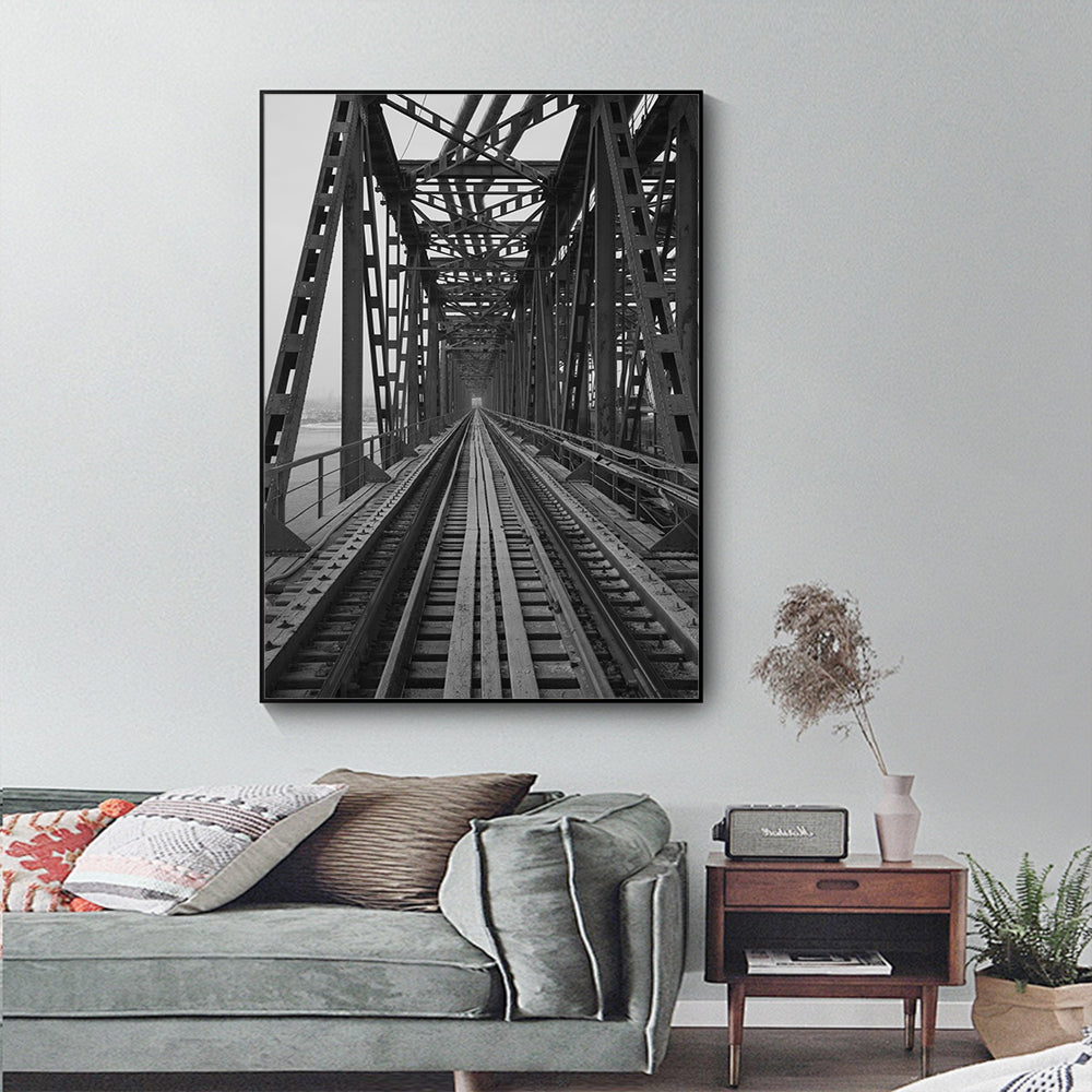 Industrial Elegance: Black And White Railway Bridge Canvas Wall Art