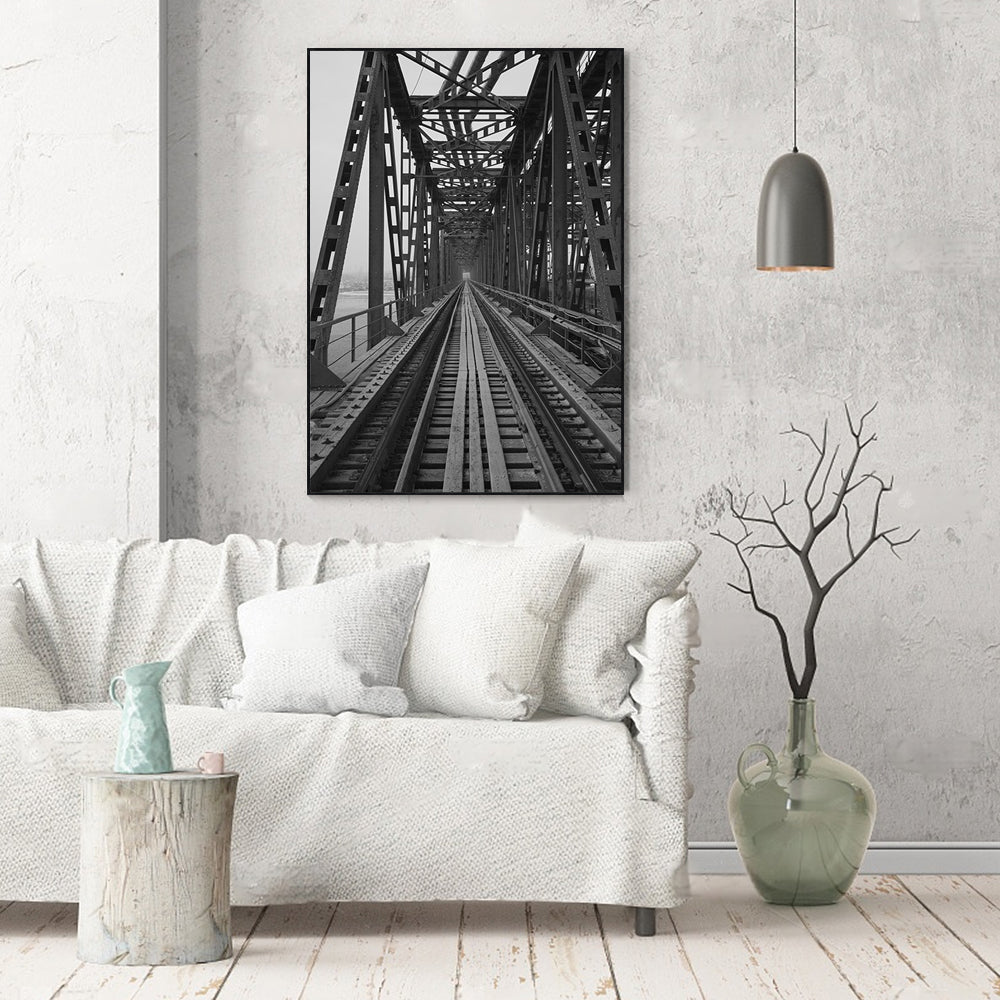 Industrial Elegance: Black And White Railway Bridge Canvas Wall Art