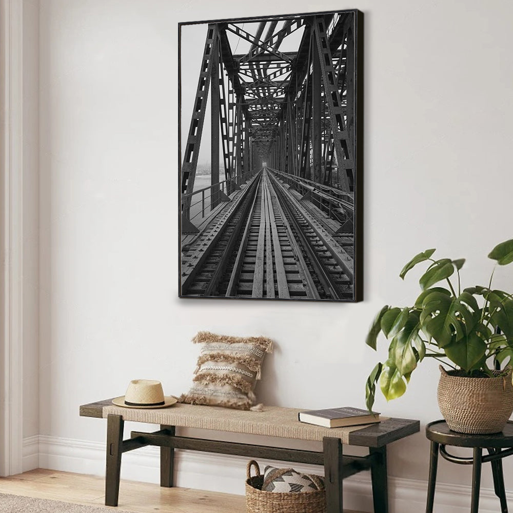 Industrial Elegance: Black And White Railway Bridge Canvas Wall Art
