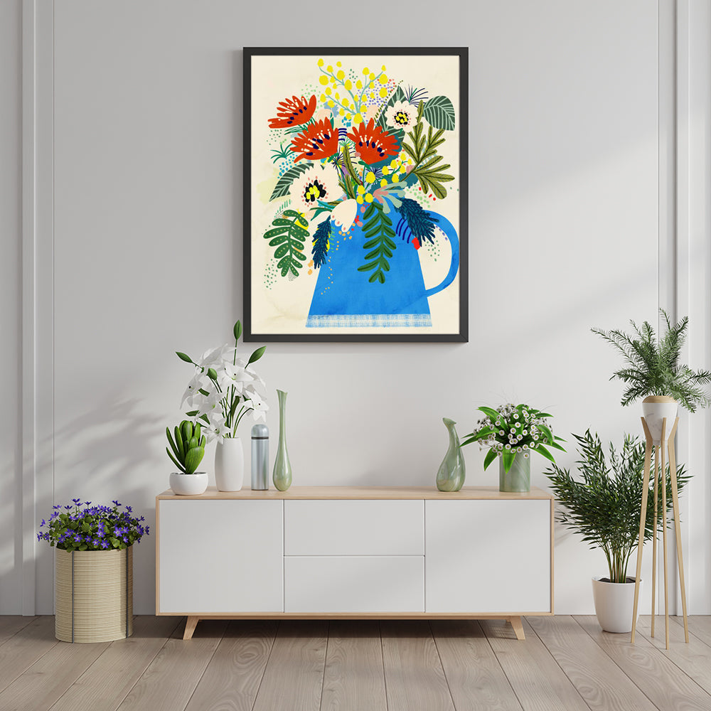 Rustic Floral Bouquet – Blue Pitcher Vase Botanical Print Canvas Wall Art