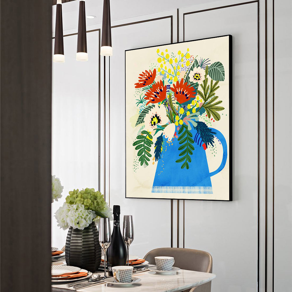 Rustic Floral Bouquet – Blue Pitcher Vase Botanical Print Canvas Wall Art