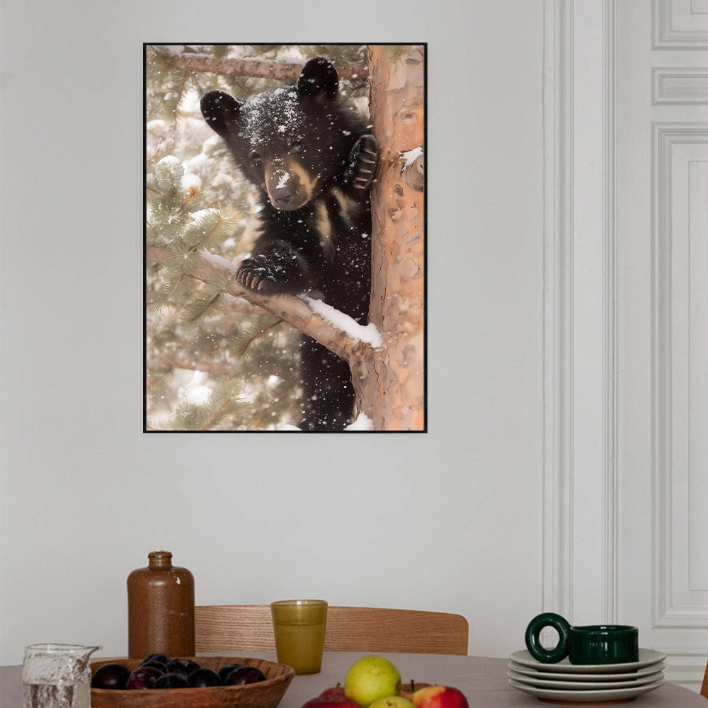 Winter Black Bear In Snow Canvas Wall Art
