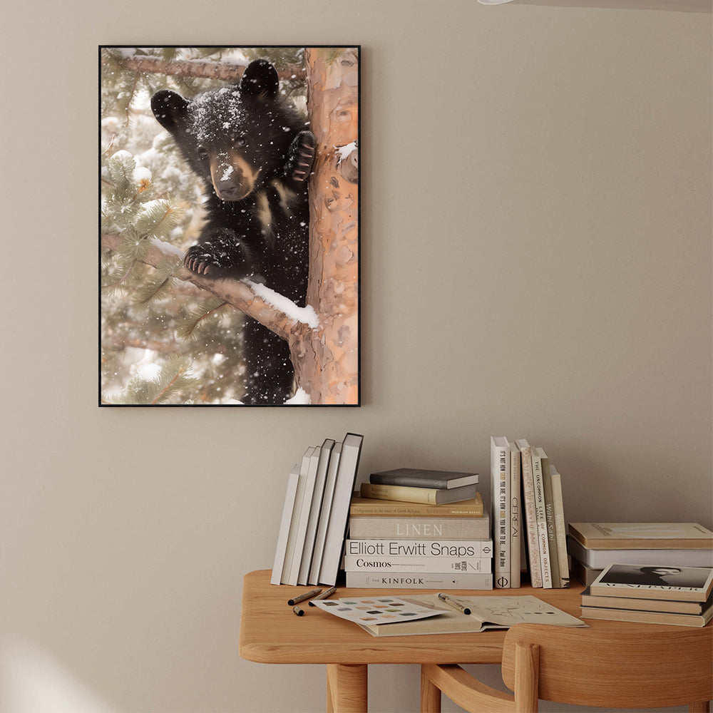 Winter Black Bear In Snow Canvas Wall Art