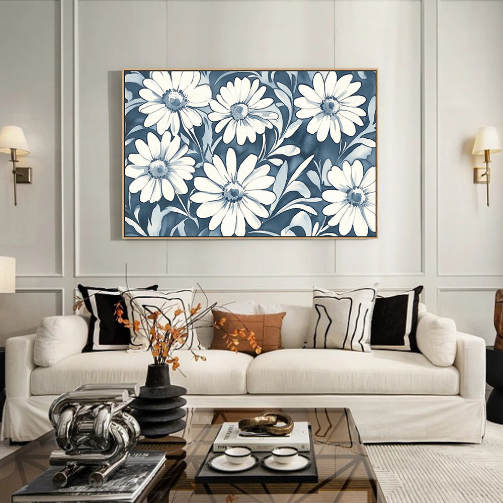 Timeless Blue & White Daisy Canvas Wall Art