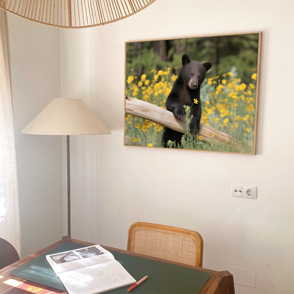 Playful Black Bear In Wildflowers Canvas Wall Art