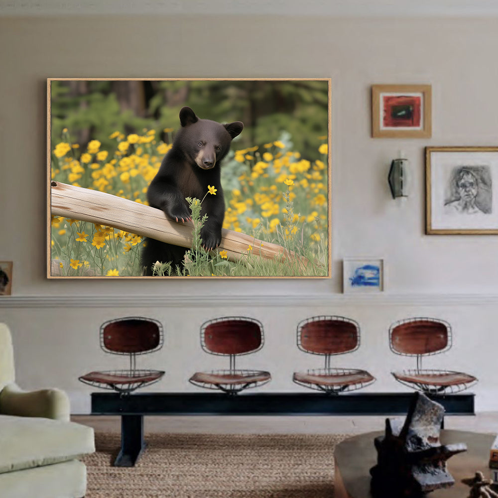 Playful Black Bear In Wildflowers Canvas Wall Art