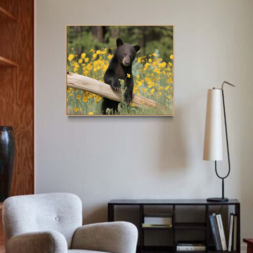 Playful Black Bear In Wildflowers Canvas Wall Art
