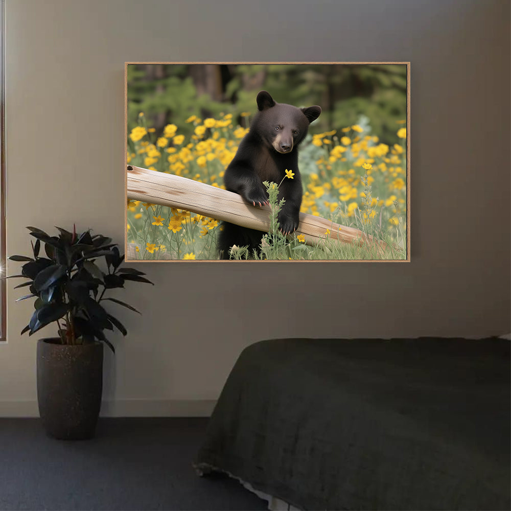 Playful Black Bear In Wildflowers Canvas Wall Art